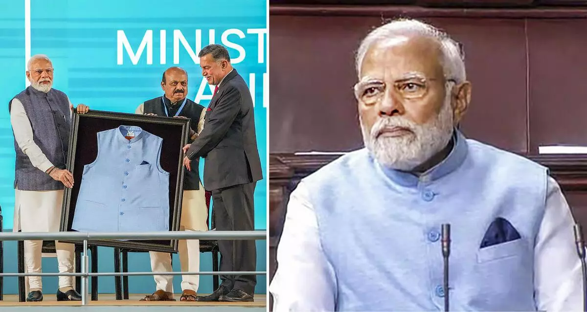(R) Prime Minister Narendra Modi wearing a special blue jacket, made from recycled plastic bottles, in the Rajya Sabha during the Budget Session of Parliament, in New Delhi, Wednesday, February 8, 2023. (L) The special jacket is being presented to him on February 9 at the India Energy Week in Bengaluru (PTI Photo)