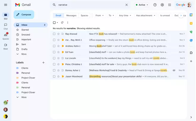 Actualización de resultados relacionados para la búsqueda de Gmail