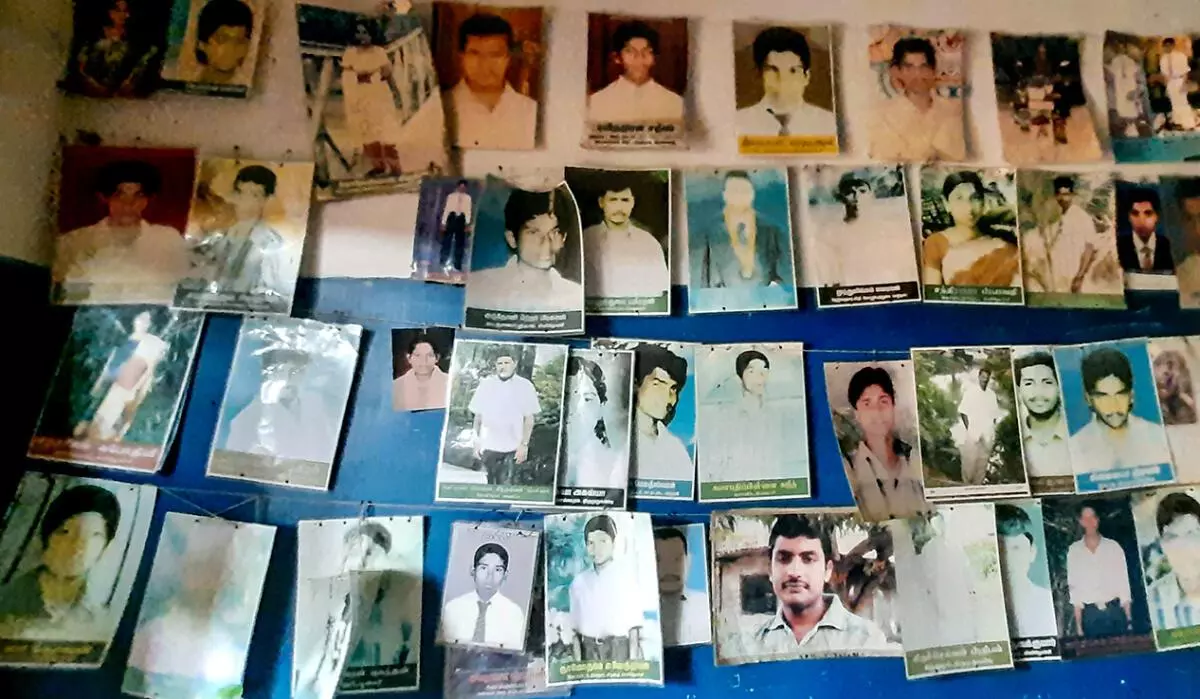 Families of forcibly missing youth have put up pictures of their sons and daughters on the wall, in a little room in Kilinochchi, where they are protesting every day, seeking answers and demanding justice