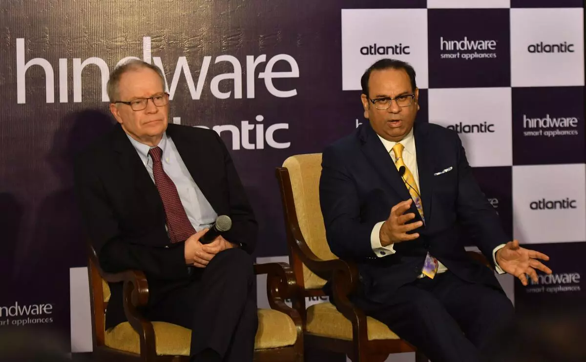 (Left) Pierre Louis France, CEO, Groupe Atlantic and Chairman, Hindware Home Innovation Limited, Sandip Somany, addressing media on the grand opening of Hindware Atlanti’s state-of-the-art water heater plant with an initial investment of ₹210 crore at Jadcherla in Hyderabad on Thursday, January 12, 2023 (Photo: NAGARA GOPAL/The Hindu)