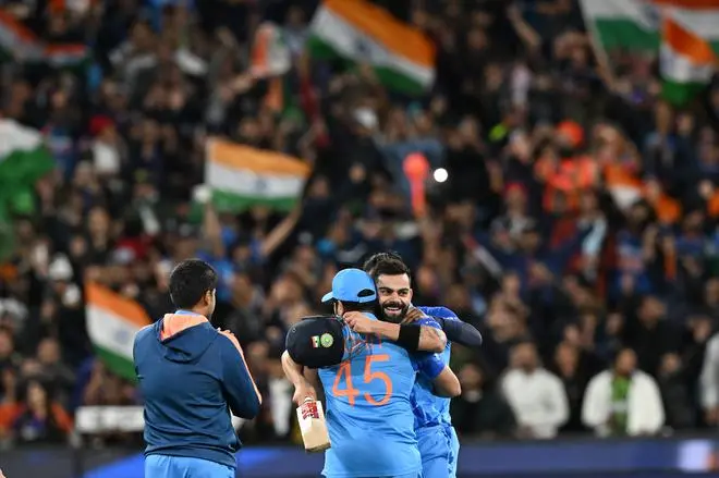 India’s Virat Kohli (C) celebrates the win with teammates during the ICC men’s Twenty20 World Cup 2022 cricket match between India and Pakistan at Melbourne Cricket Ground (MCG) in Melbourne India’s Virat Kohli (C) celebrates the win with teammates during the ICC men’s Twenty20 World Cup 2022 cricket match between India and Pakistan at Melbourne Cricket Ground (MCG) in Melbourne