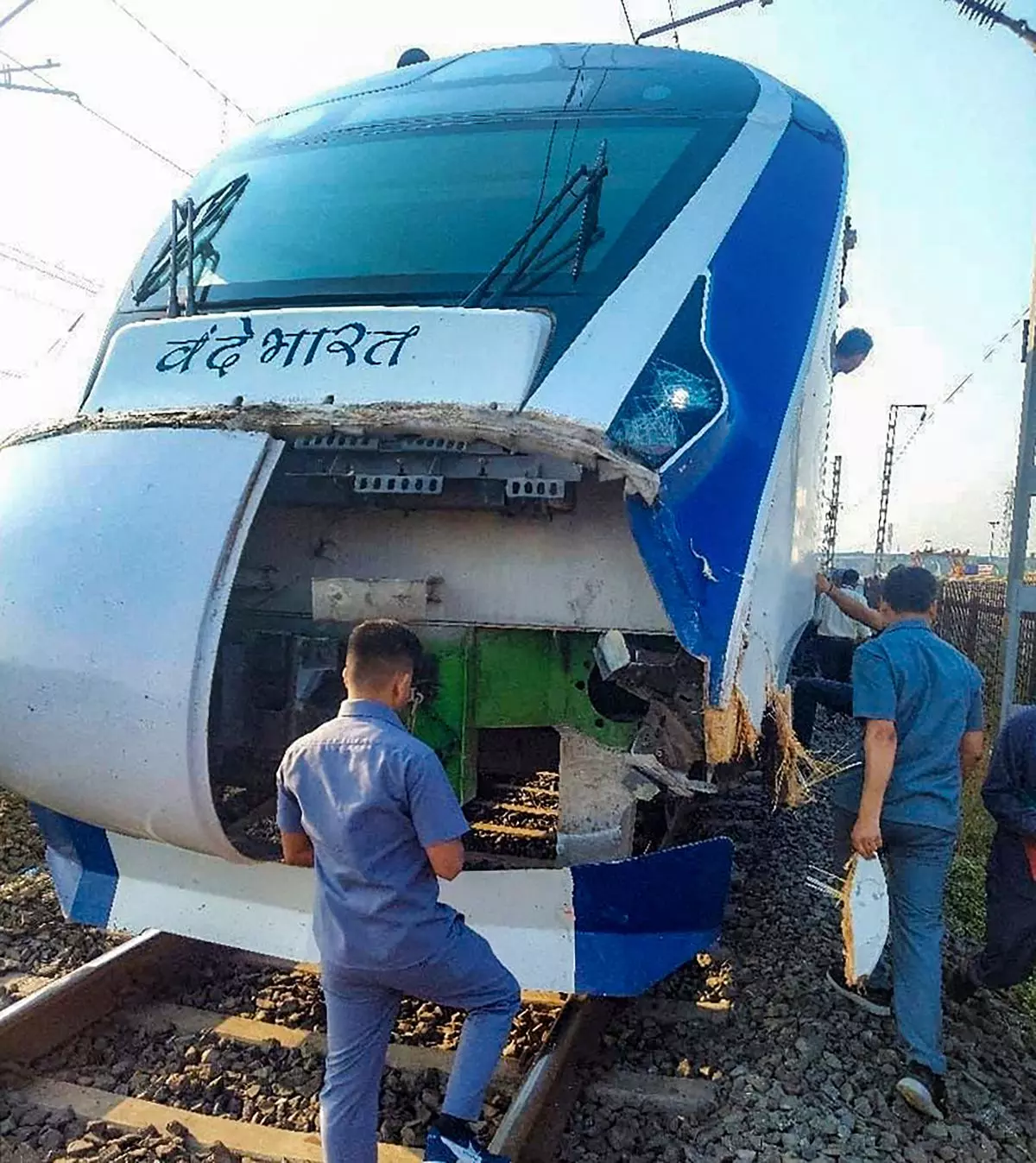 Vande Bharat Express train, running between Mumbai Central and Gandhinagar, suffers damages after a collision with cattle on October 29, 2022