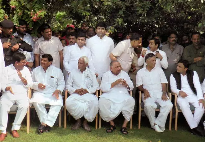 Mulayam Singh Yadav, Akhilesh Yadav, Shivpal Singh Yadav and other family members during the Diwali celebration in Etawah. (PTI/file photo)