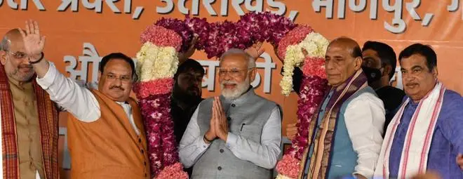 Prime Minister Narendra Modi being welcomed by BJP President Amit Shah J P Nadda, Rajnath Singh, and Nitin Gadkari at the BJP Headquarters following the party’s win in Assembly elections of Uttar Pradesh and other states. Prime Minister Narendra Modi being welcomed by BJP President Amit Shah J P Nadda, Rajnath Singh, and Nitin Gadkari at the BJP Headquarters following the party’s win in Assembly elections of Uttar Pradesh and other states.