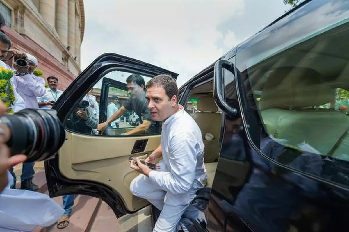 Congress President Rahul Gandhi arrives to attend the Monsoon Session of Parliament on Wednesday 
