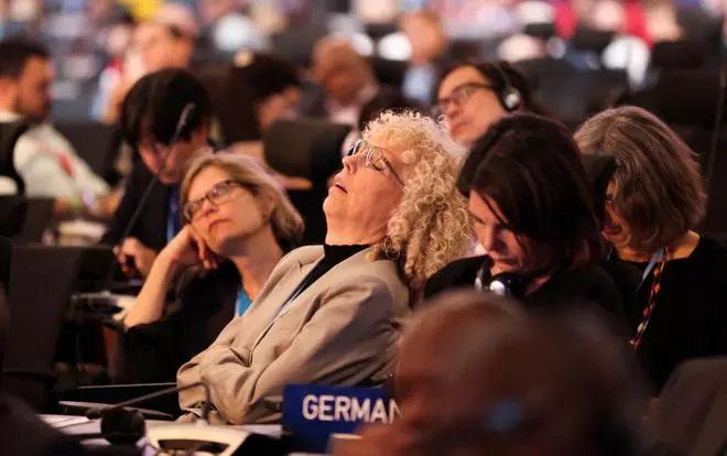 Delegates nap during a closing plenary session at the COP27 UN Climate Summit, Sunday, Nov. 20, 2022, in Sharm el-Sheikh, Egypt. REUTERS