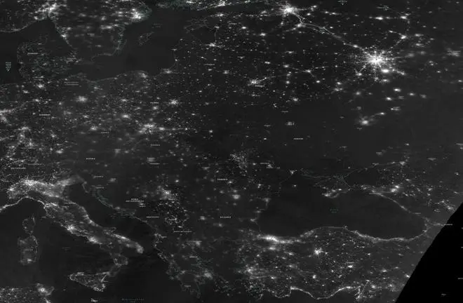 A greyscale satellite image indicating the night radiance of Europe from space on November 23, 2022, in this handout image obtained by Reuters A greyscale satellite image indicating the night radiance of Europe from space on November 23, 2022, in this handout image obtained by Reuters