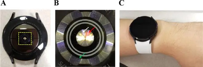 (A) Underside view indicating the LED-PD module (yellow rectangular area), and (B) Magnified view of the LED-PD module. (C) A participant wearing the GW4 on the wrist. The white and red arrows indicate infrared and red LED, respectively. The green arrow indicates one of the 8 photodiodes located radially.