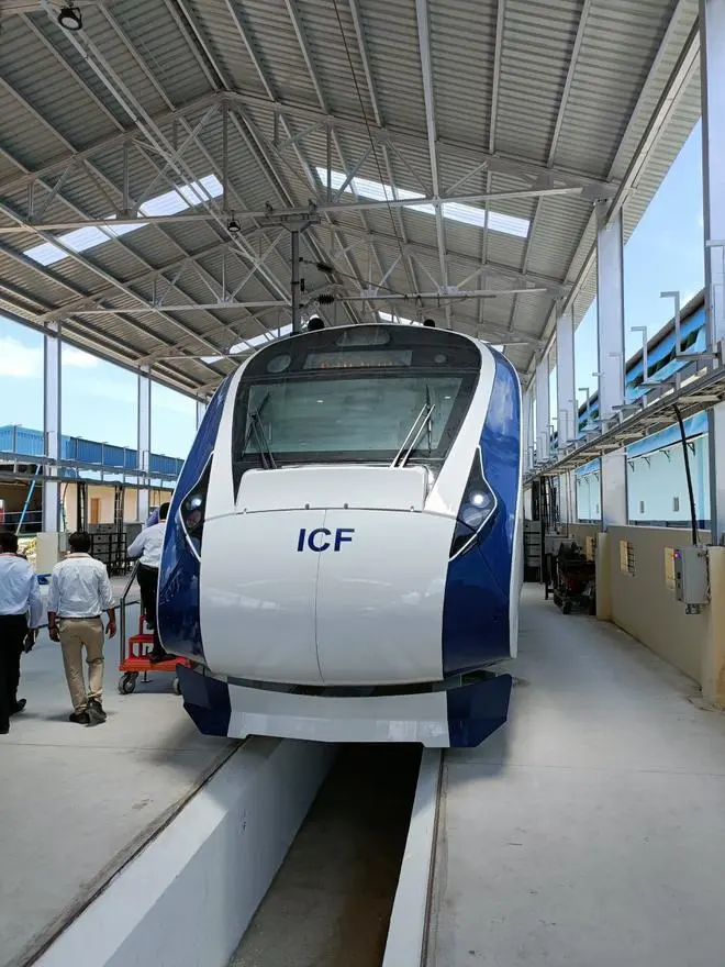 The newly designed Vande Bharat train at the Integral Coach Factory, Chennai. Photo: TE RAJA SIMHAN The newly designed Vande Bharat train at the Integral Coach Factory, Chennai. Photo: TE RAJA SIMHAN