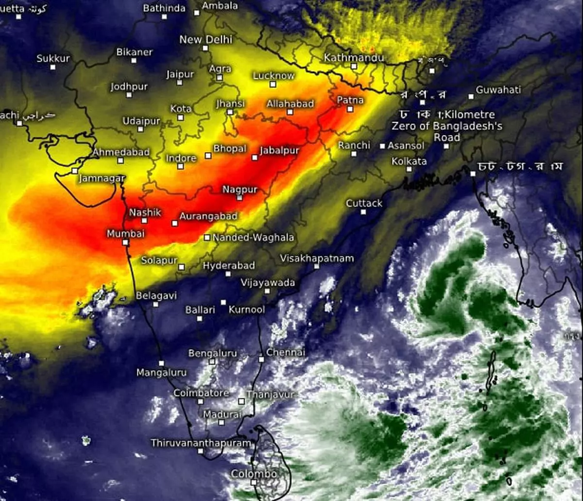 Satellite pictures on Saturday showed the progress of withdrawal of South-West monsoon (in red and yellow) even as thunderclouds (in green and white) bloomed over the Bay of Bengal around a depression. 