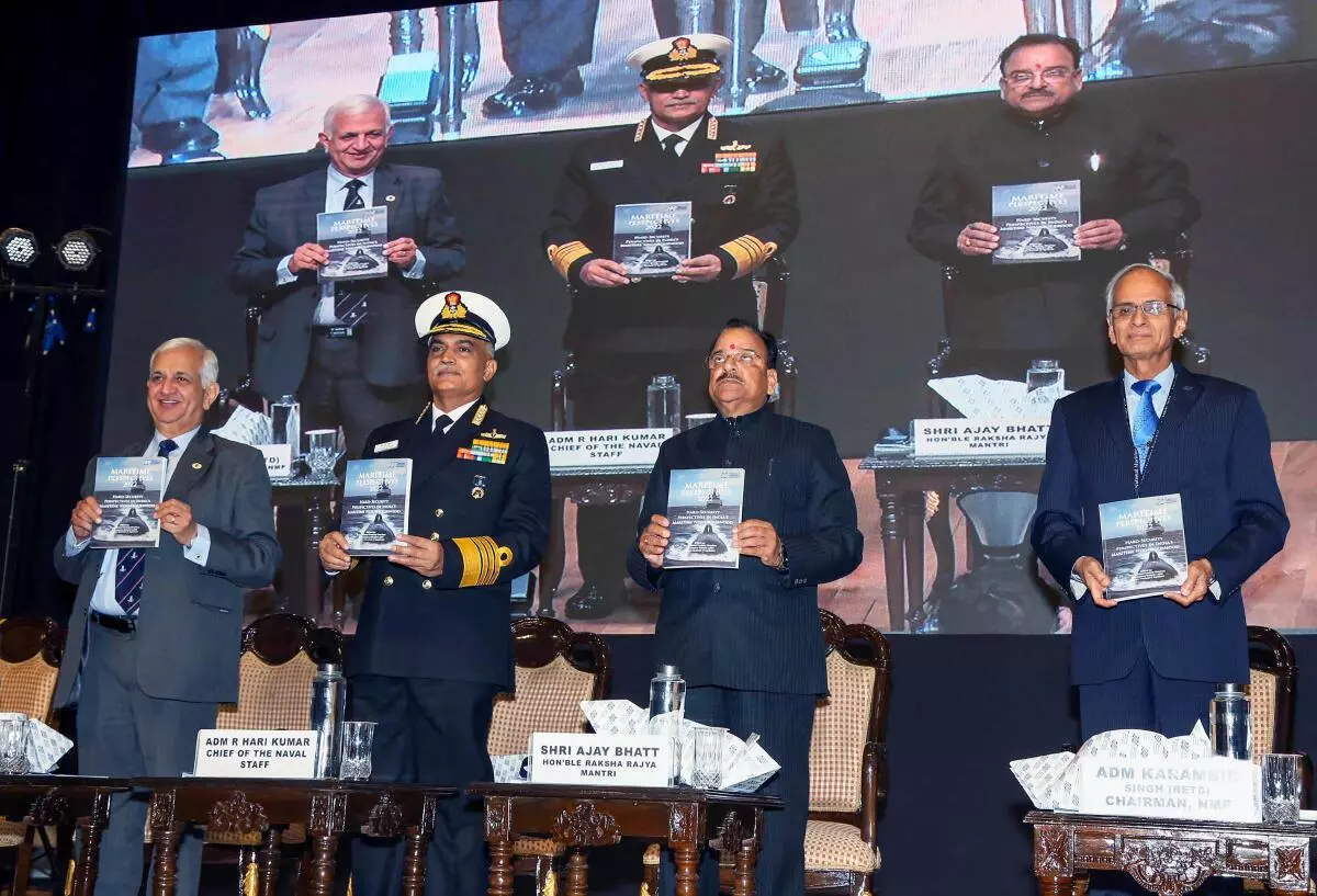 Minister of State for Defence Ajay Bhatt with Chief of Naval Staff Admiral R Hari Kumar, National Maritime Foundation (NMF) Chairman Admiral Karambir Singh (retd.) and NMF Director General Vice Admiral Pradeep Chauhan (retd.) during the Inaugural Session of Indo-Pacific Regional Dialogue (IPRD) 2022