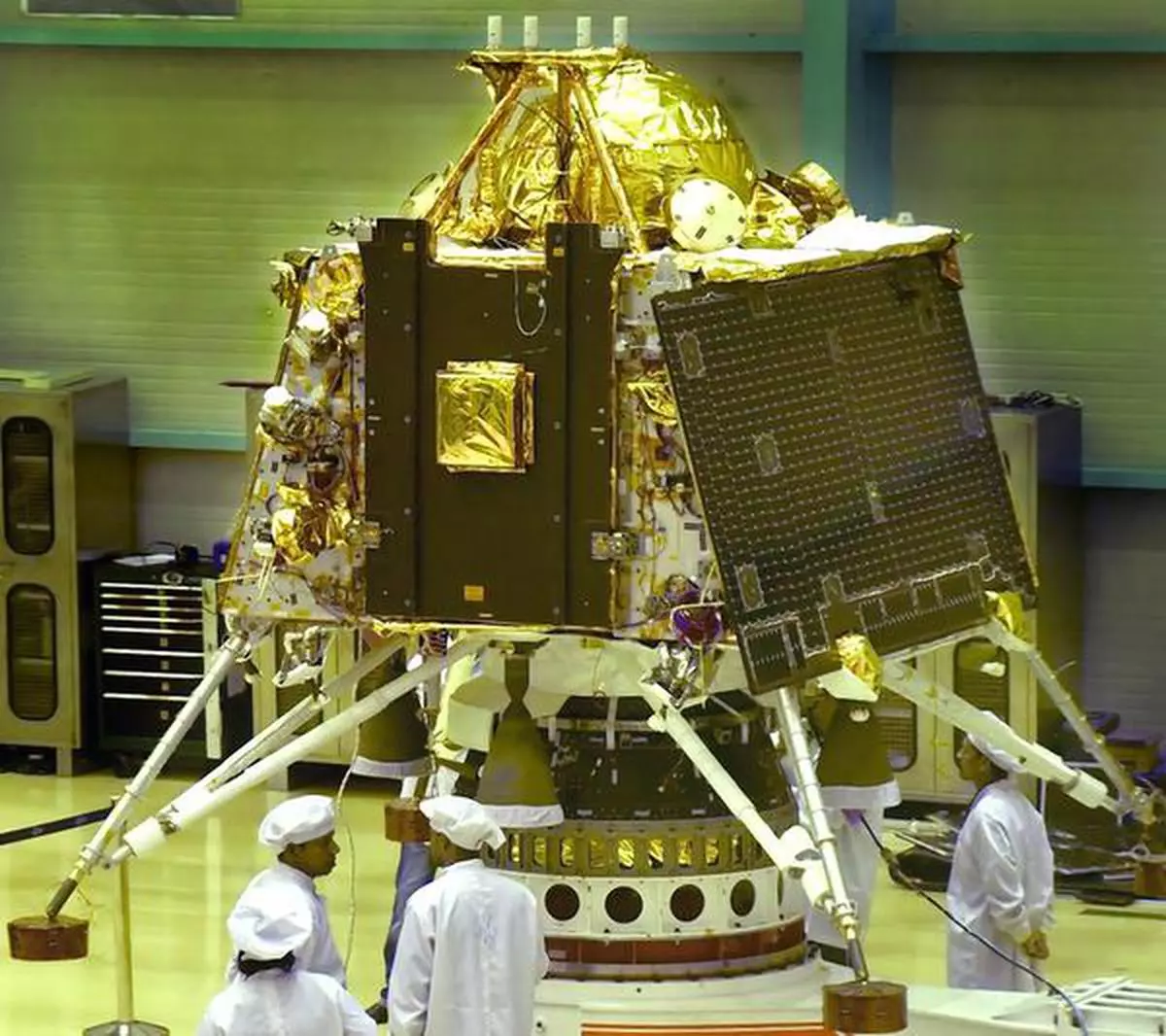 File picture: Indian Space Research Organisation scientists work on the orbiter vehicle and lander of ‘Chandrayaan-2’, at ISRO Satellite Integration and test establishment (ISITE), in Bengaluru in June 2019