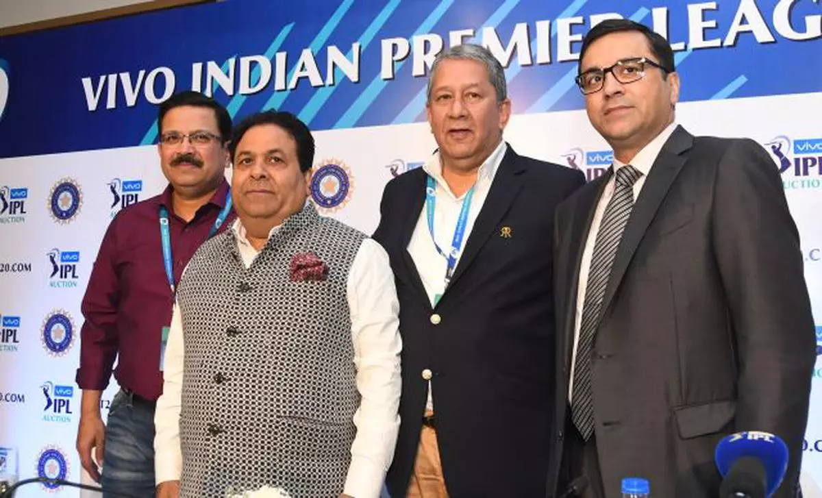 (From left) Venky Mysore, CEO, Kolkatta Nigh Riders (KKR), Rajiv Shukla, Chiraman, IPL, Ranjit Barthakur , Chairman and CEO, Rajastan Royals (RR , Rahul Johri, CEO, BCCI at a press conference during the Indian Premier League (IPL) Auction 2018, in Bengaluru on Saturday.