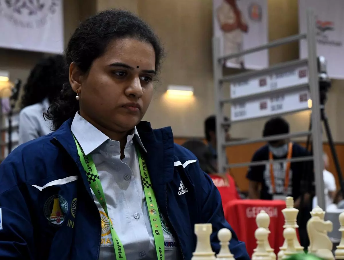 Koneru Humpy during a game against Georgia on sixth day of the 44th Chess Olympiad
