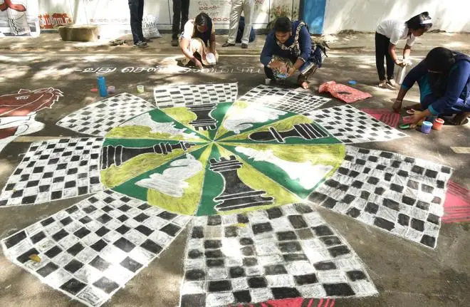 Rangolis were drawn at the Collectorate Complex in Ramanathapuram on Monday as part of the promotional campaign for the 44th Chess Olympiad Rangolis were drawn at the Collectorate Complex in Ramanathapuram on Monday as part of the promotional campaign for the 44th Chess Olympiad
