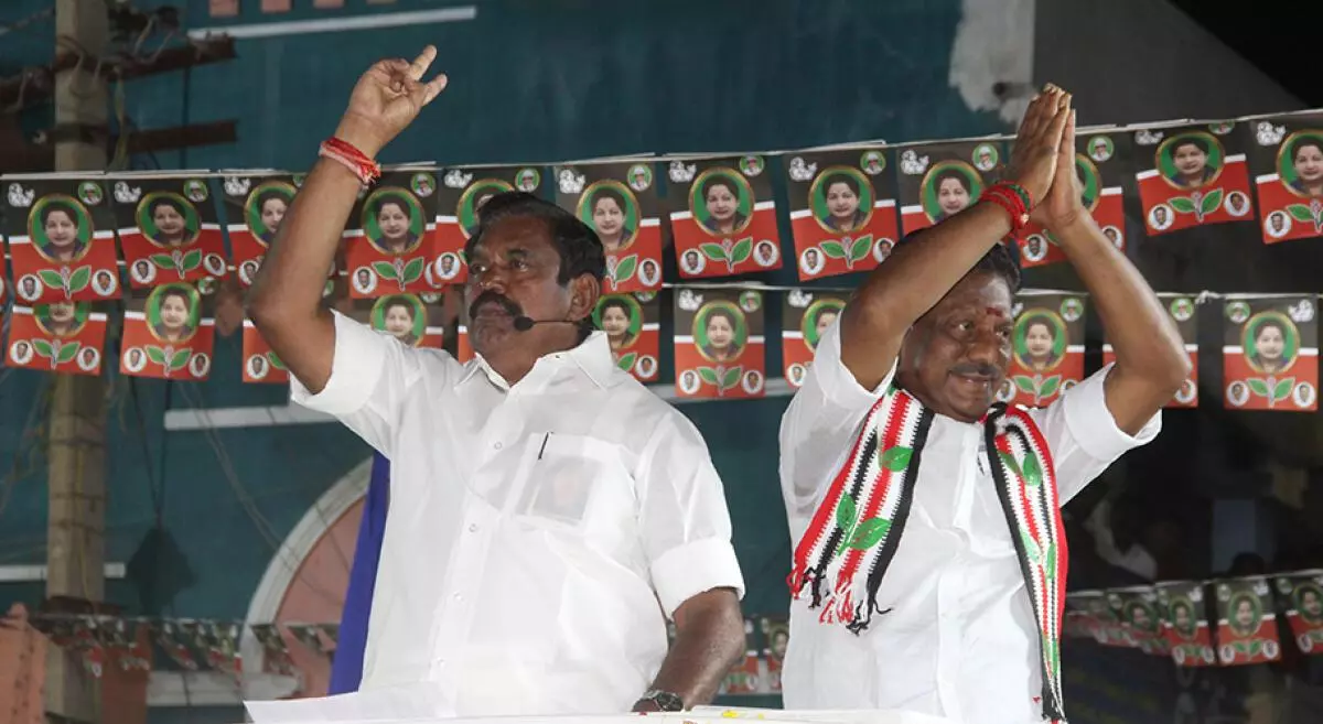 FILE PHOTO: Edappadi K Palaniswami (L) and O Panneerselvam in Theni district, Tamil Nadu (Karthikeyan G/The Hindu)