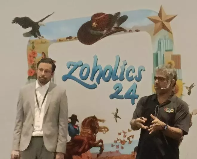 Prashanth Krishnaswami, Head of Market Strategy, Customer Experience, Zohoz, (left) and Raju Vegesna, Zoho’s Chief Evangelist (right), addressing the media at Zoholics24 in Austin, US