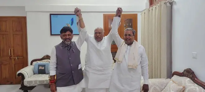 Congress president Mallikarjun Kharge with Karnataka’s newly announced Chief Minister Siddaramaiah and Deputy CM DK Shivakumar Congress president Mallikarjun Kharge with Karnataka’s newly announced Chief Minister Siddaramaiah and Deputy CM DK Shivakumar