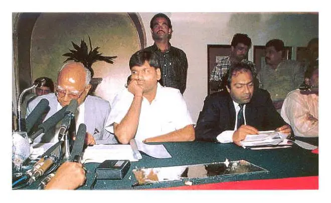 The June 1993 press conference addressed by Harshad Mehta, flanked by counsel Ram Jethmalani and Mahesh Jethmalani, which his wife, Jyoti, describes as the “fateful day” that “changed our lives forever” The June 1993 press conference addressed by Harshad Mehta, flanked by counsel Ram Jethmalani and Mahesh Jethmalani, which his wife, Jyoti, describes as the “fateful day” that “changed our lives forever”