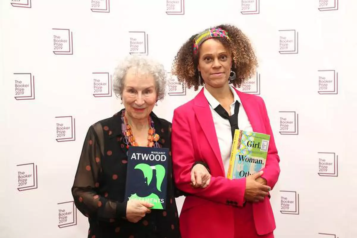 Margaret Atwood poses with Bernardine Evaristo after jointly winning the Booker Prize for Fiction 2019
