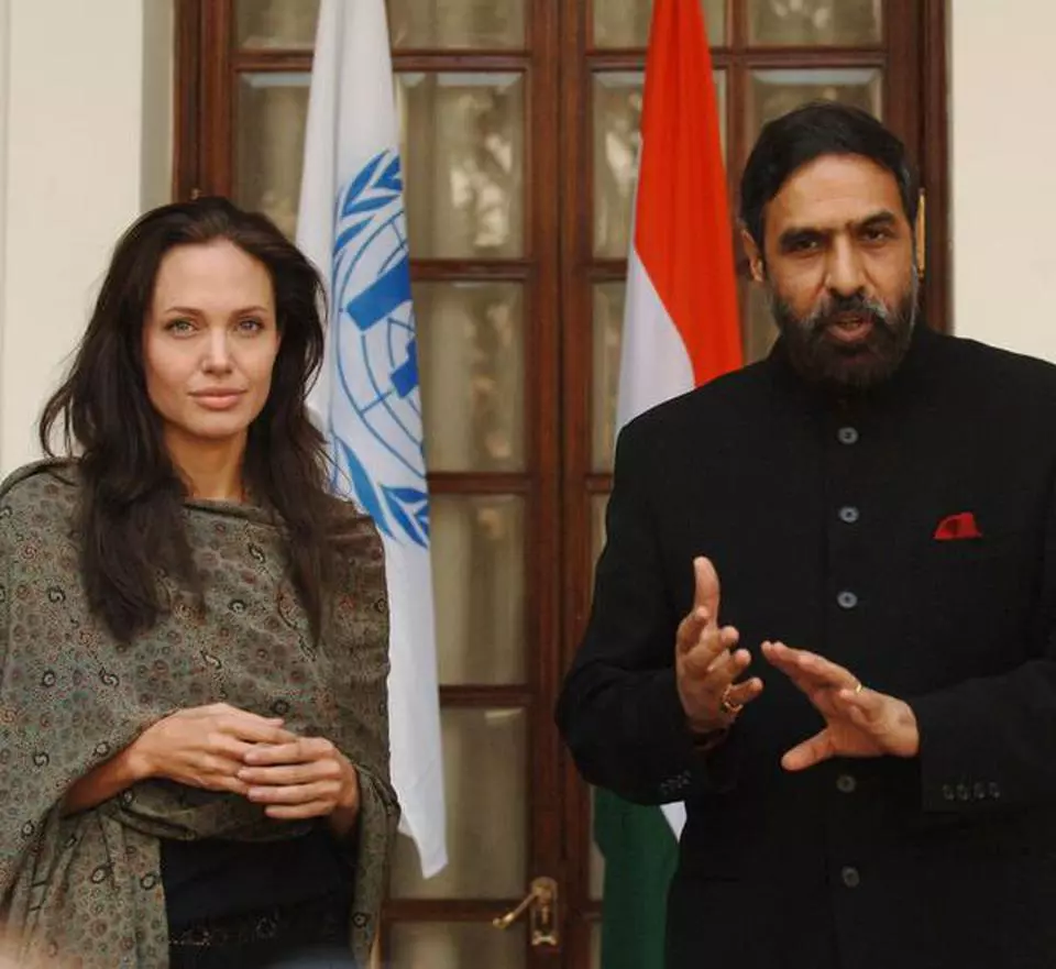 NEW DELHI: UN High Commission for Refugees (UNHCR) Goodwill Ambassador and Hollywood actress Angelina Jolie issue a joint statement along with Minister of State for External Affairs Anand Sharma after an hour long meeting at Hyderabad House in New Delhi on November 05, 2006. Photo: V.V. Krishnan