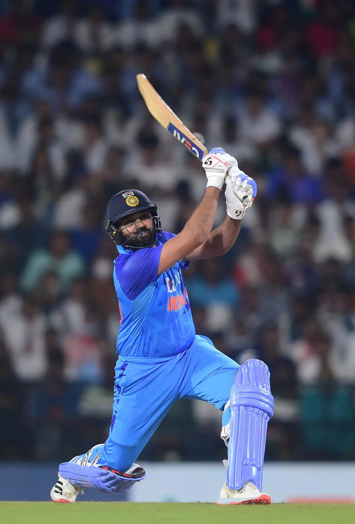 Indian captain Rohit Sharma plays a shot during the 2nd T20 cricket match between India and Australia, at Vidarbha Cricket Association Stadium in Nagpur on Sept. 23, 2022. (Source: PTI)