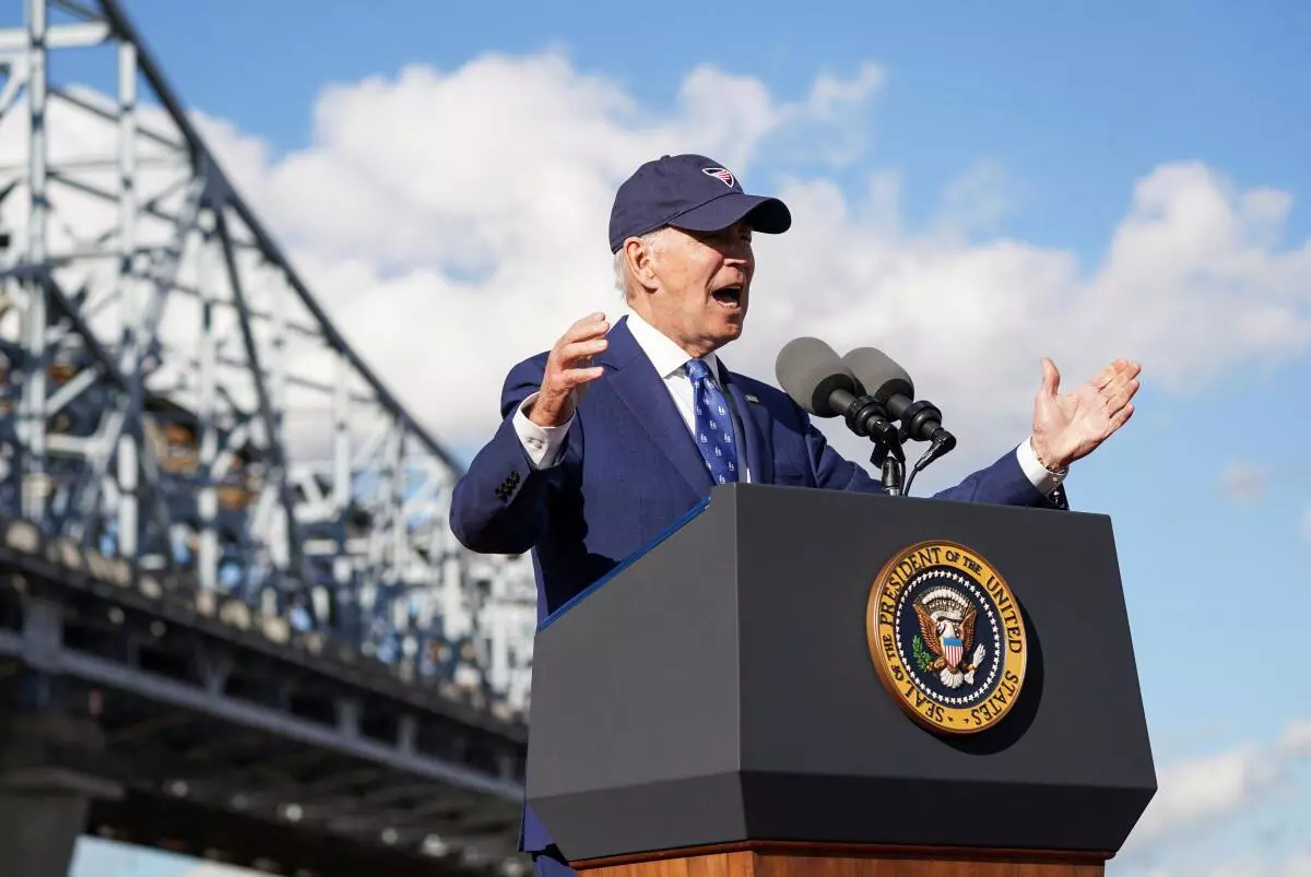 US President Joe Biden delivers remarks on his economic plan and infrastructure spending during an event to tout the new Brent Spence Bridge over the Ohio River between Covington, Kentucky and Cincinnati, Ohio, near the bridge in Covington, Kentucky, US, January 4, 2023. REUTERS