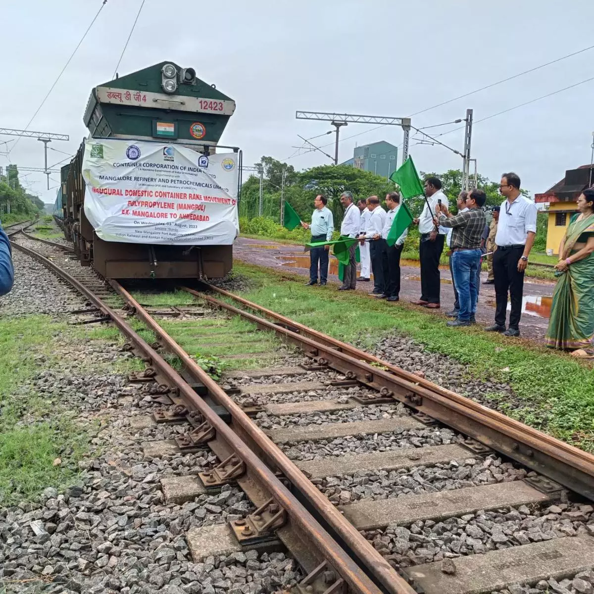 Officials of MRPL, Container Corporation of India Ltd, Southern Railway, and Konkan Railway flagging off polypropylene consignment from Mangaluru.