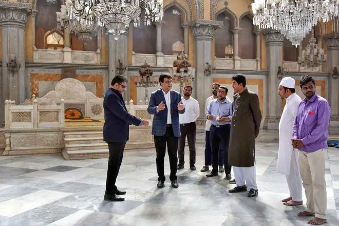 MA Faiz Khan, trustee of the H.E.H. The Nizam’s Mukarram Jah Trust, with others, inspects the arrangements where the mortal remains of Prince Mukarram Jah will be kept for the public, at Chowmahalla Palace, in Hyderabad, Monday, January 16, (PTI Photo) MA Faiz Khan, trustee of the H.E.H. The Nizam’s Mukarram Jah Trust, with others, inspects the arrangements where the mortal remains of Prince Mukarram Jah will be kept for the public, at Chowmahalla Palace, in Hyderabad, Monday, January 16, (PTI Photo)