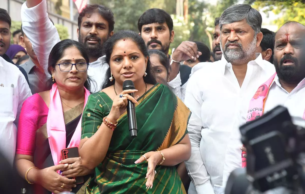 Kalvakuntla Kavitha addressing a press conference at her residence in Banjara Hills, Hyderabad on Thursday