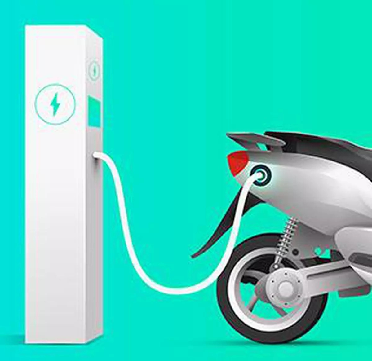 Electric scooter charging at charge station. Electric vehicle concept. Vector eps 10 illustration.