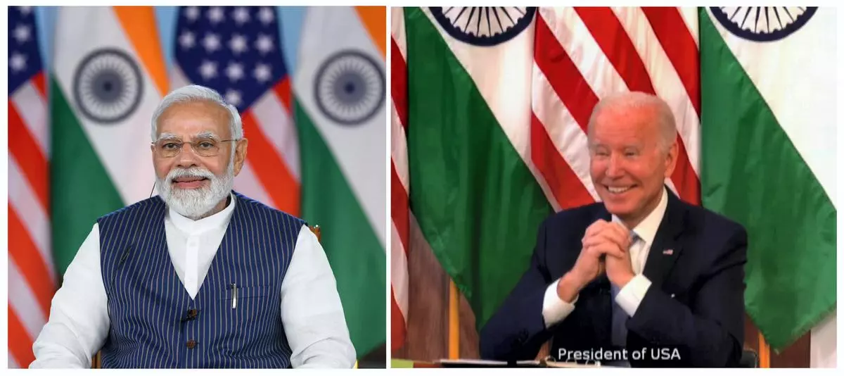  Prime Minister Narendra Modi with US President Joe Biden during the India-US virtual summit, in New Delhi