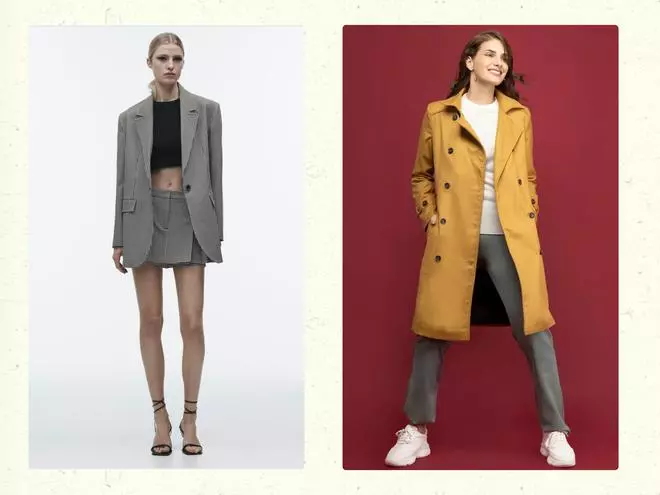 (left to right) On the Zara website, a woman’s formal blazer is styled with a crop top and a skort. On the FableStreet website, under the workwear section, a double-breasted trench coat is paired with stretchy trousers and sneakers.