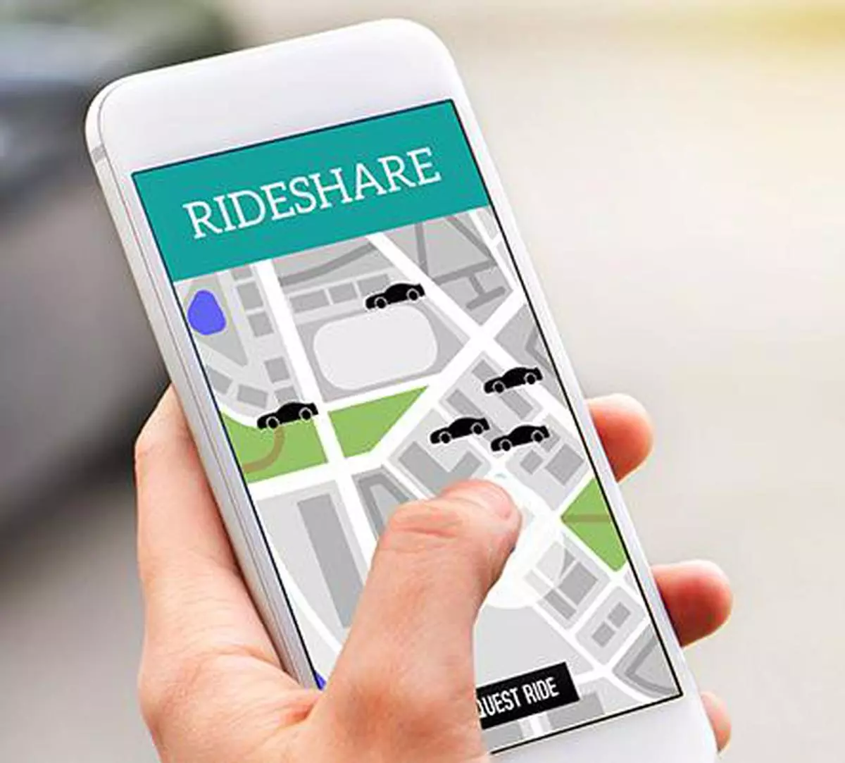 Ride share taxi service on smartphone screen. Online rideshare app and carpool mobile application. Woman holding phone with a car in the background. Person ordering ride with cellphone.